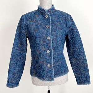 Chicos Quilted Denim Jean Jacket Embroidered Multi Color Stitch Shacket Small